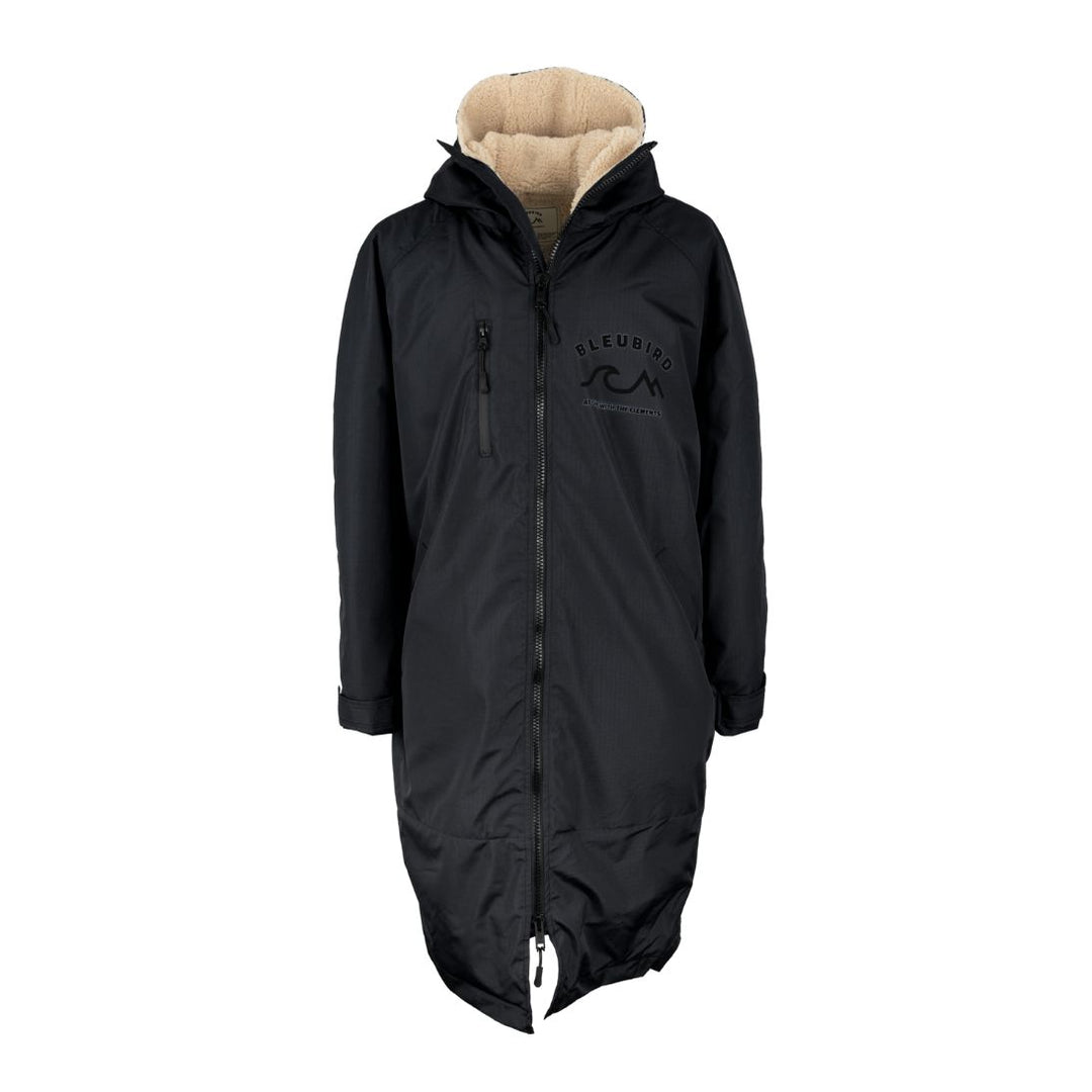 A long-sleeved black -colored Bleubird Nordic outdoor changing robe with a hood