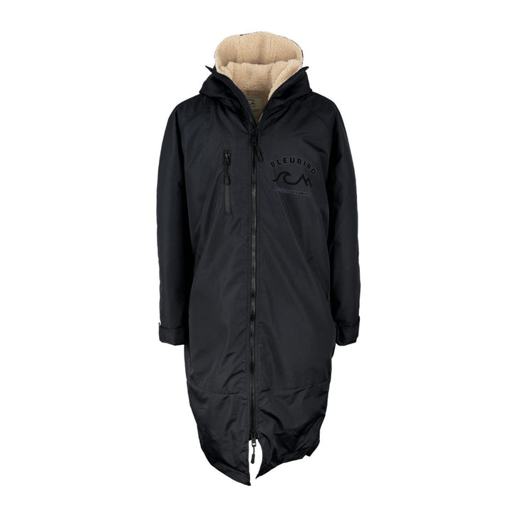 A long-sleeved black -colored Bleubird Nordic outdoor changing robe with a hood