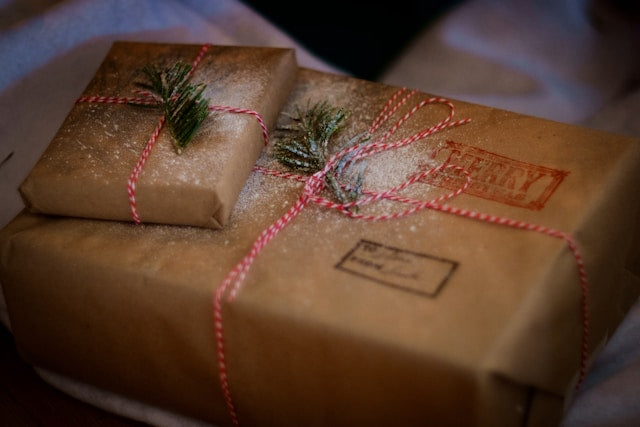 Two wrapped gifts in brown paper with red string and small green trees on a blurred background