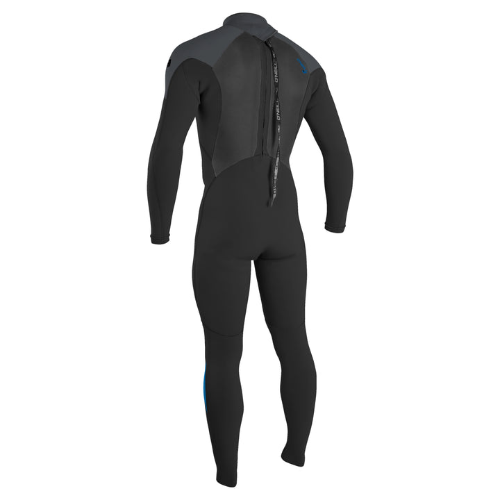 O Neill Epic 5/4mm mens wetsuit with a back zip in black with blue accents on shoulders and legs. Back zip view 