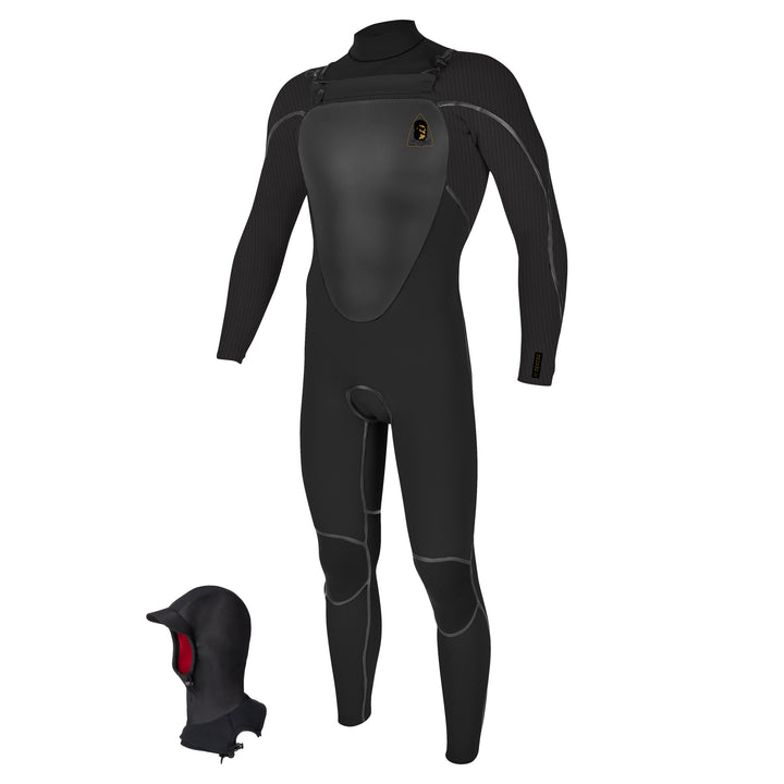 Black wetsuit with a hood on a white background