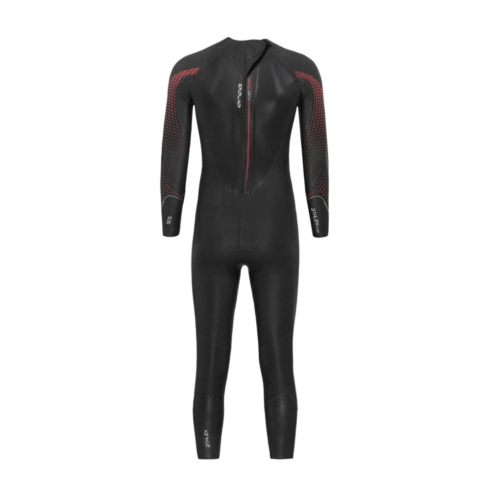 A black Orca Athlex Float V2 Triathlon Swimming Mens Wetsuit with red detailing on the sleeves. View of the back. 
