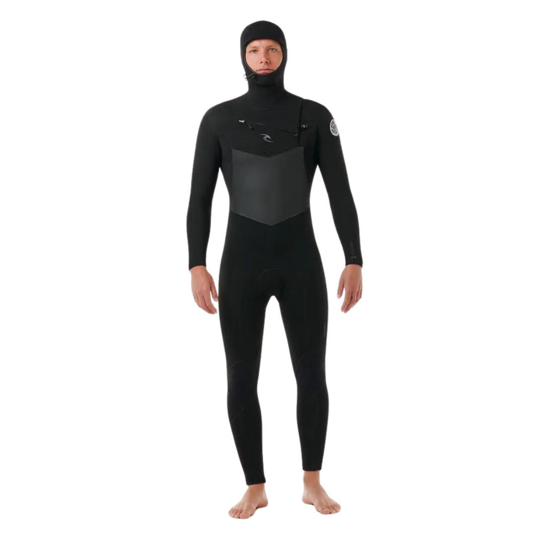 A male model wearing a Rip Curl Dawn Patrol 5/4mm black mens hooded wetsuit with a chest zip feature and yulex rubber.View of front