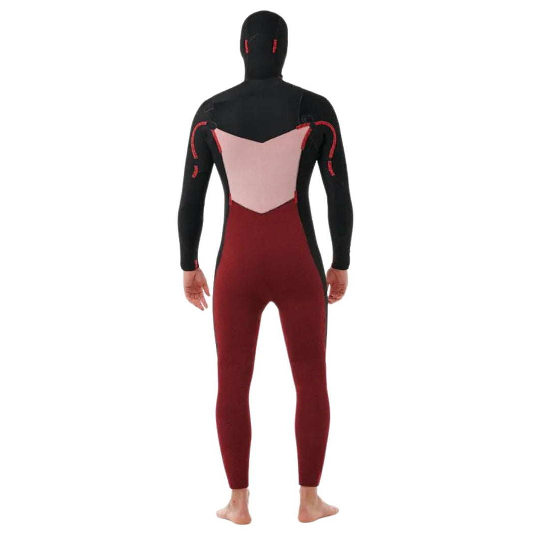 A male model wearing a Rip Curl Dawn Patrol 5/4mm black mens hooded wetsuit with a chest zip feature and yulex rubber inside out. View of the back
