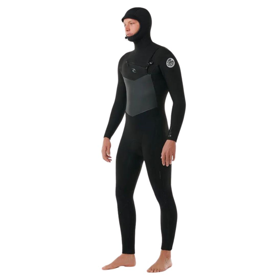 A male model wearing a Rip Curl Dawn Patrol 5/4mm black mens hooded wetsuit with a chest zip feature and yulex rubber.