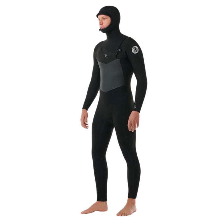A male model wearing a Rip Curl Dawn Patrol 5/4mm black mens hooded wetsuit with a chest zip feature and yulex rubber.