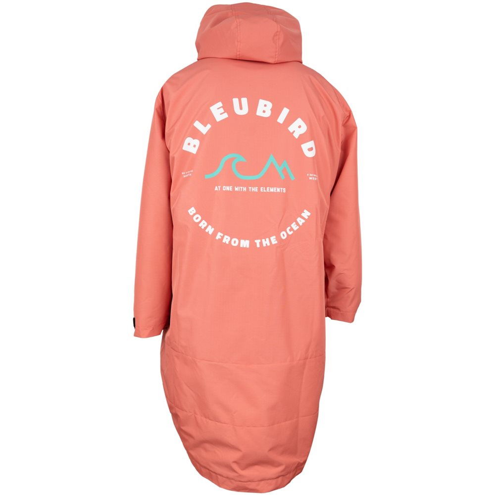 A long-sleeved coral-colored Bleubird Nordic outdoor changing robe with a hood