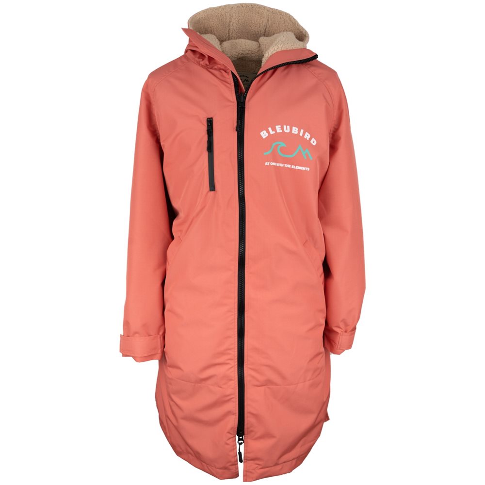 A long-sleeved coral-colored Bleubird Nordic outdoor changing robe with a hood, sherpa lining, and a front zipper.