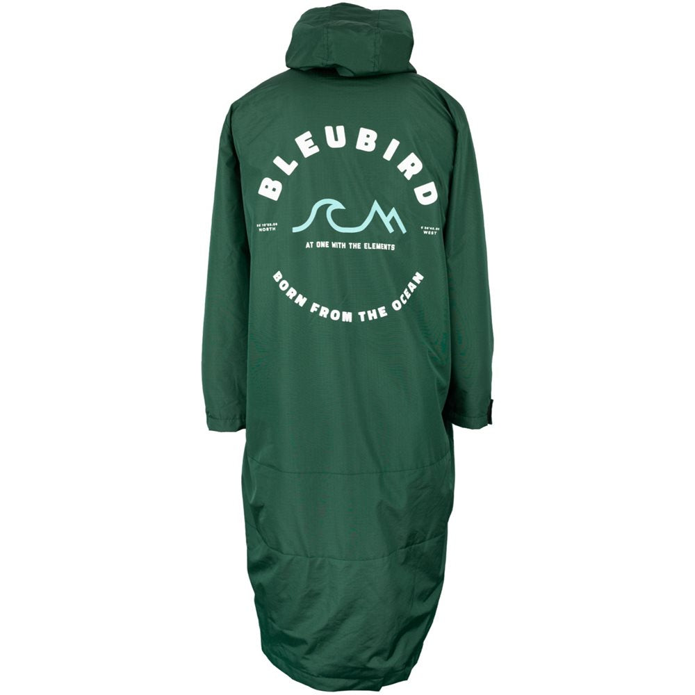 A long-sleeved green-colored Bleubird Nordic outdoor changing robe with a hood