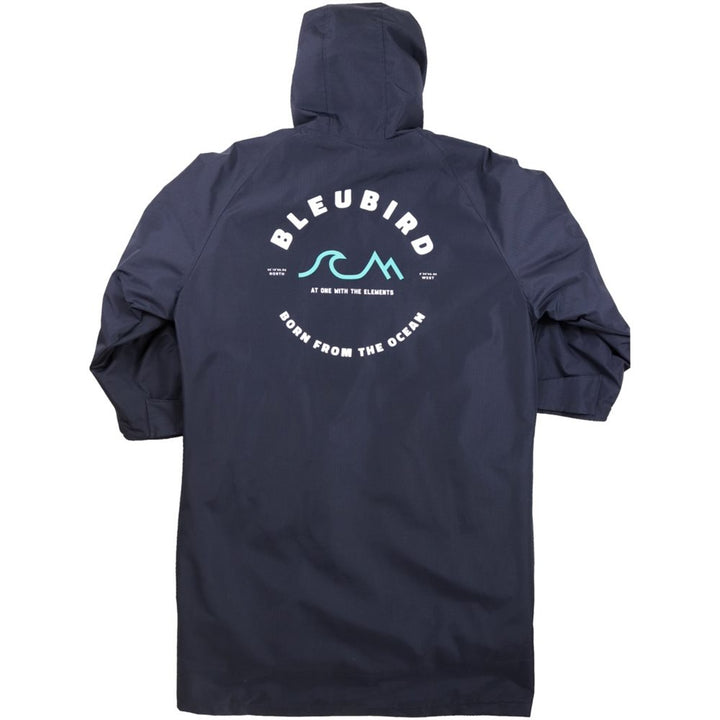 A long-sleeved navy-colored Bleubird Nordic outdoor changing robe with a hood