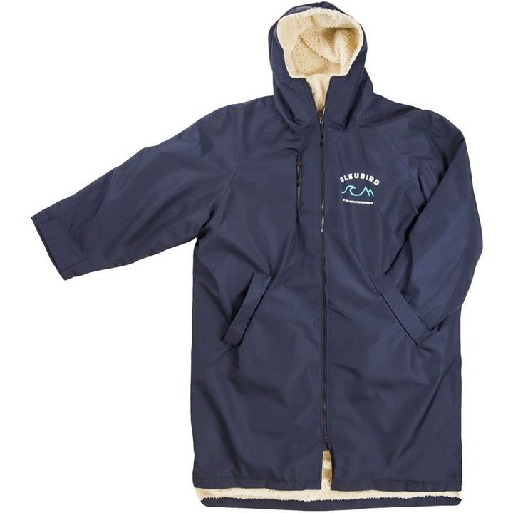 A long-sleeved navy-colored Bleubird Nordic outdoor changing robe with a hood