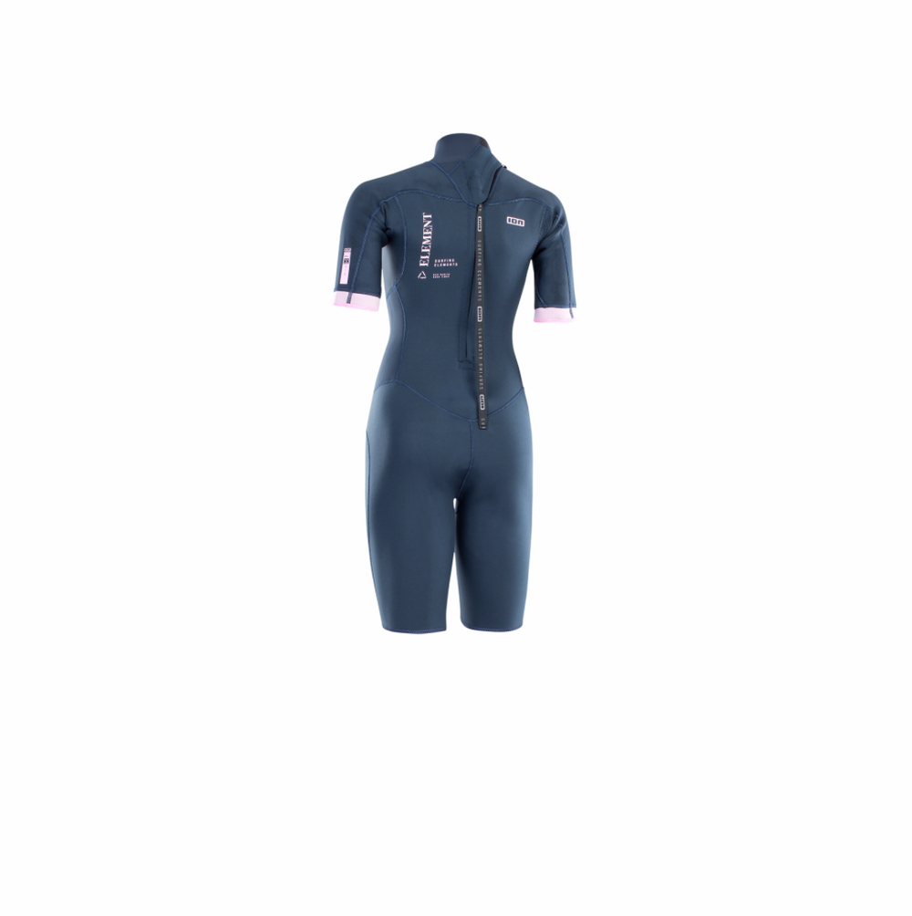 A navy-colored ION Womens Element 2/2mm Shorty Wetsuit with a back zipper, designed for summer water activities. Front view. 