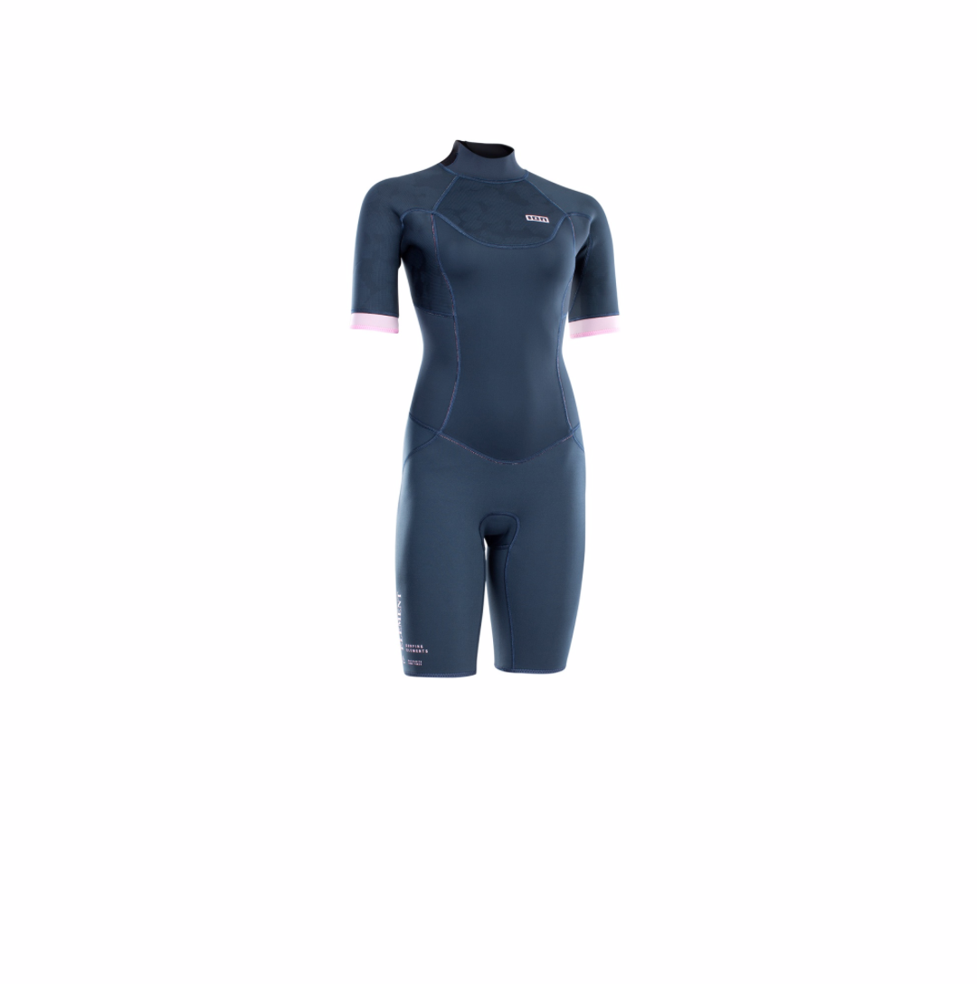 A navy-colored ION Womens Element 2/2mm Shorty Wetsuit with a back zipper, designed for summer water activities. Front view. 