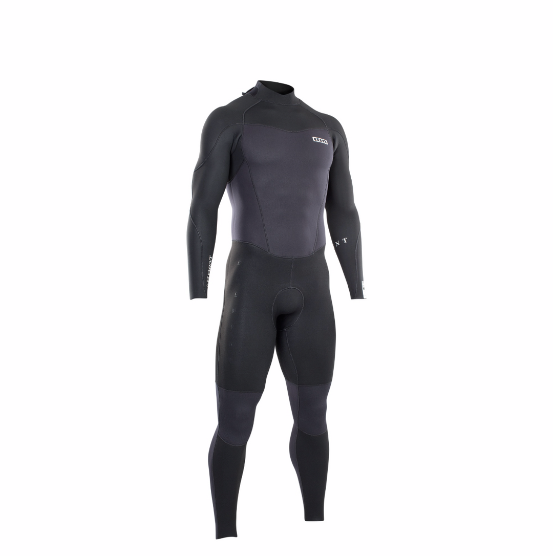 Black ION Element 5/4mm Back Zip Mens Wetsuit. View of the front. 