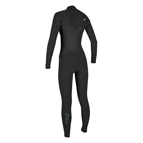 A black O'Neill chest zip womens wetsuit with 3/2mm thickness, designed for watersports. View of back. 