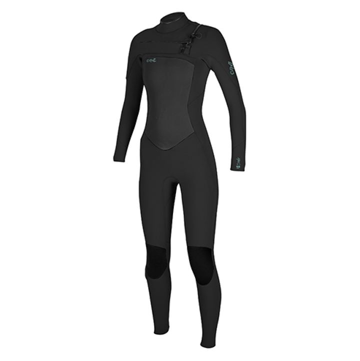 A black O'Neill chest zip womens wetsuit with 3/2mm thickness, designed for watersports. View of front. 