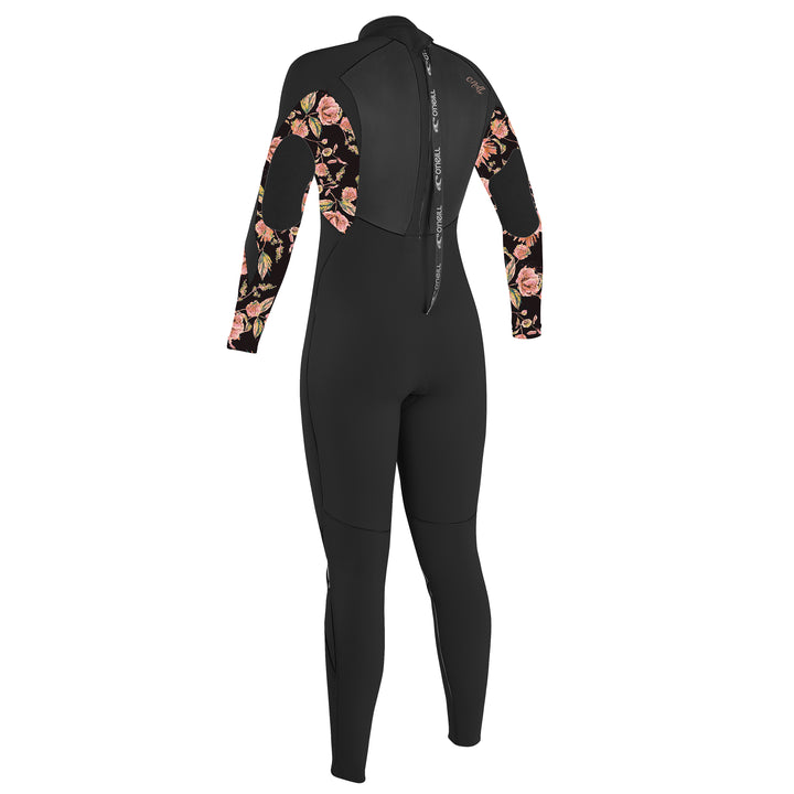 Back view of girls full length black wetsuit with floral patterns on the sleeves and a back zip entry. 
