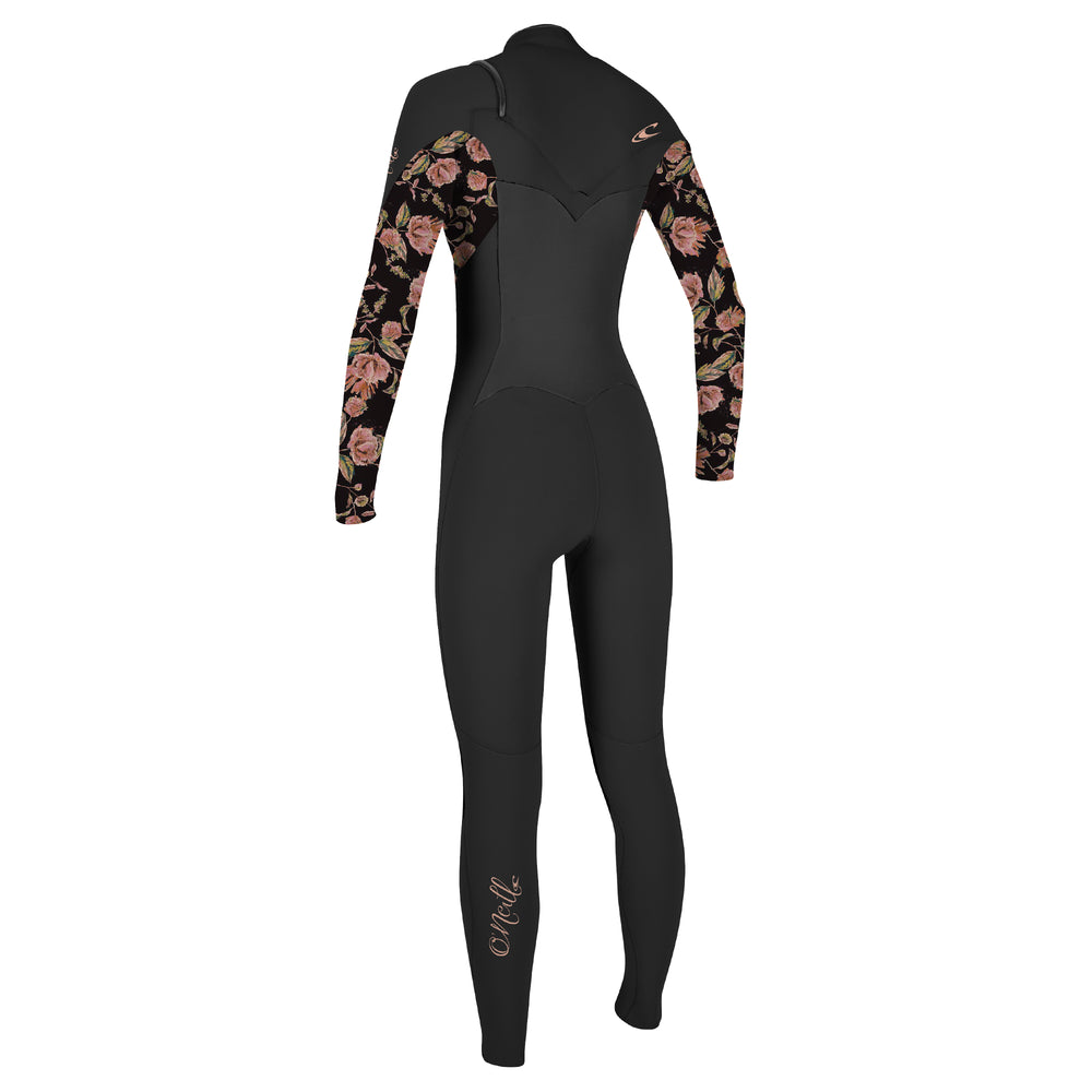 Back view of black full length O'Neill wetsuit with chest zip, featuring pink and green floral patterns on the sleeves.
