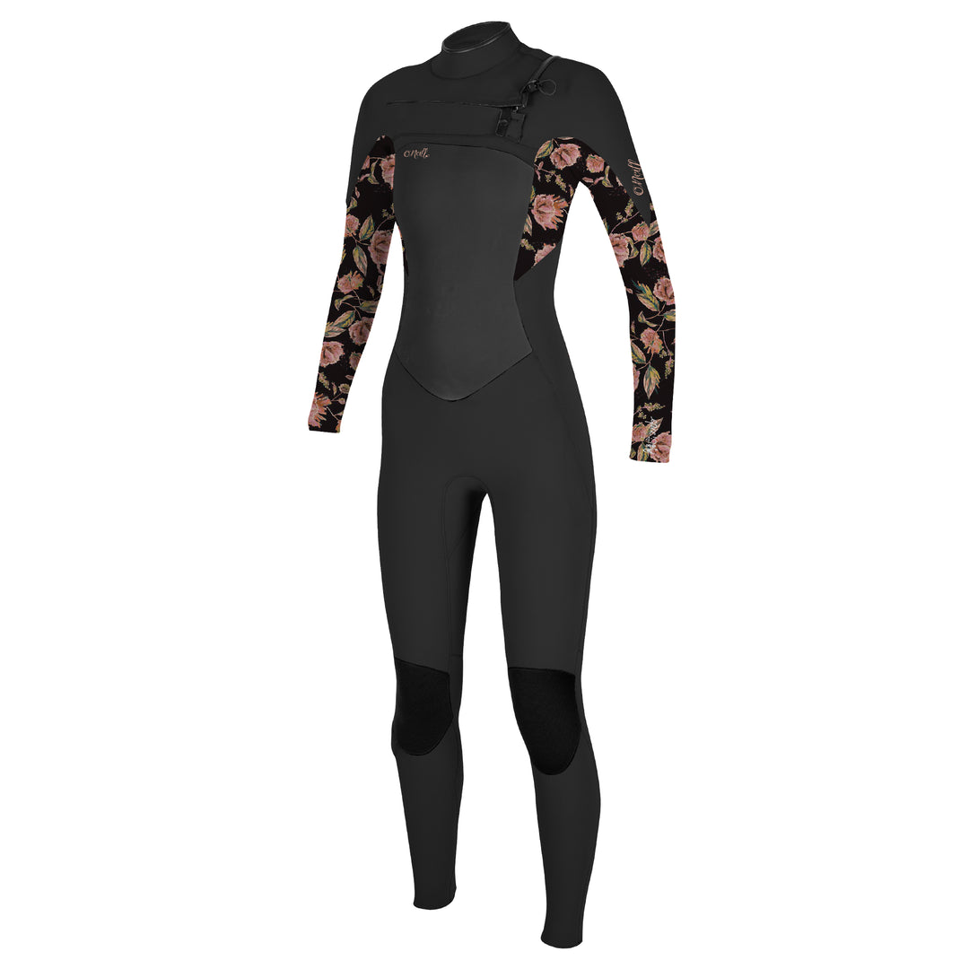 Front view of black full length O'Neill wetsuit with chest zip, featuring pink and green floral patterns on the sleeves.