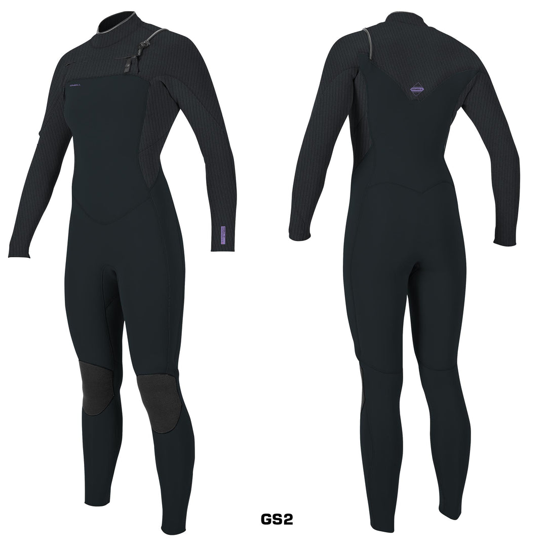A woman's chest zip wetsuit by O'Neill, featuring a black body. Front and back views. 