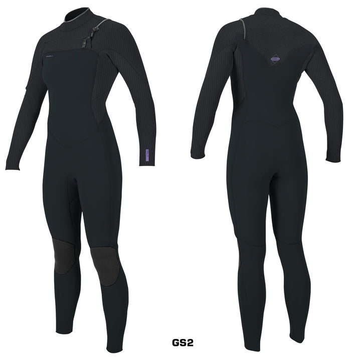 A woman's chest zip wetsuit by O'Neill, featuring a black body. Front and back views. 