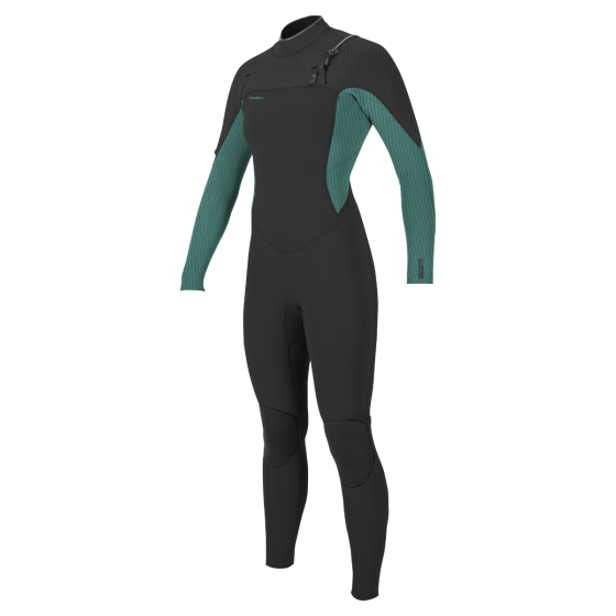 A woman's chest zip wetsuit by O'Neill, featuring a black body with green detailing on the sleeves and a full-body design. Front View. 