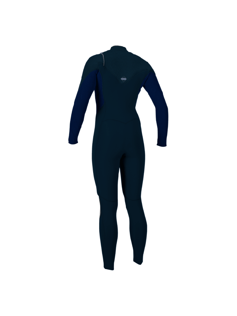 A womens Hyperfreak 5/4+ mm wetsuit by O'Neill, in navy with a chest zip. Back View.