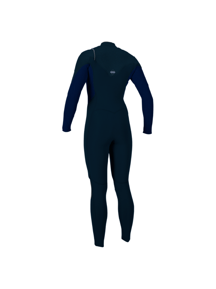 A womens Hyperfreak 5/4+ mm wetsuit by O'Neill, in navy with a chest zip. Back View.