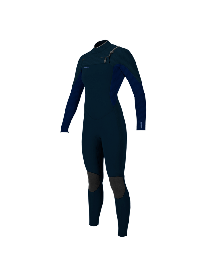 A womens Hyperfreak 5/4+ mm wetsuit by O'Neill, in navy with a chest zip. Back View.