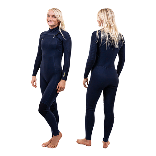 Model wearing a womens Hyperfreak 5/4+ mm wetsuit by O'Neill, in navy with a chest zip. Front and back views.