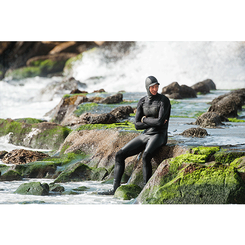 Model wearing 2020 O'Neill Mens Mutant Legend 5/4 Chest Zip Wetsuit with detachable hood 