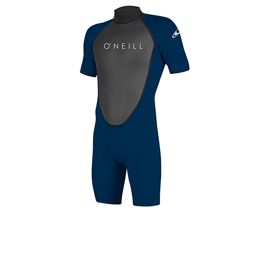 O'Neill Reactor II 2mm navyand grey mens shorty wetsuit with O'Neill branding.  Front view. 