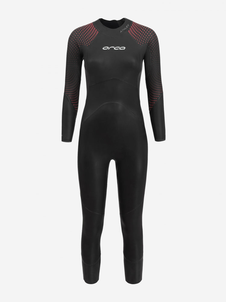 A black Orca Athlex Float triathlon swimming womens wetsuit. Designed for women, featuring long sleeves and leg openings, with red detailing on the shoulders and back.