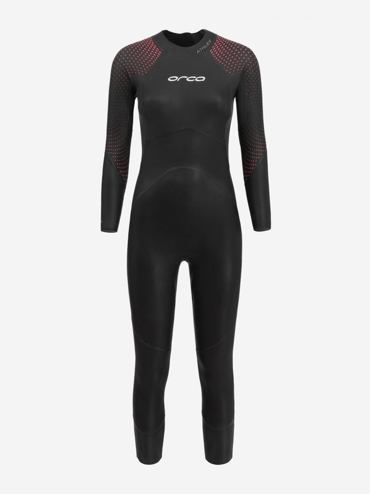 A black Orca Athlex Float triathlon swimming womens wetsuit. Designed for women, featuring long sleeves and leg openings, with red detailing on the shoulders and back.