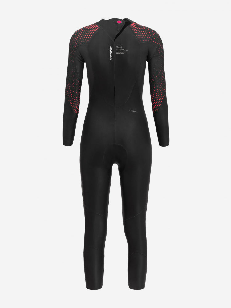 A black Orca Athlex Float triathlon swimming womens wetsuit. Designed for women, featuring long sleeves and leg openings, with red detailing on the shoulders and back. View of the back. 