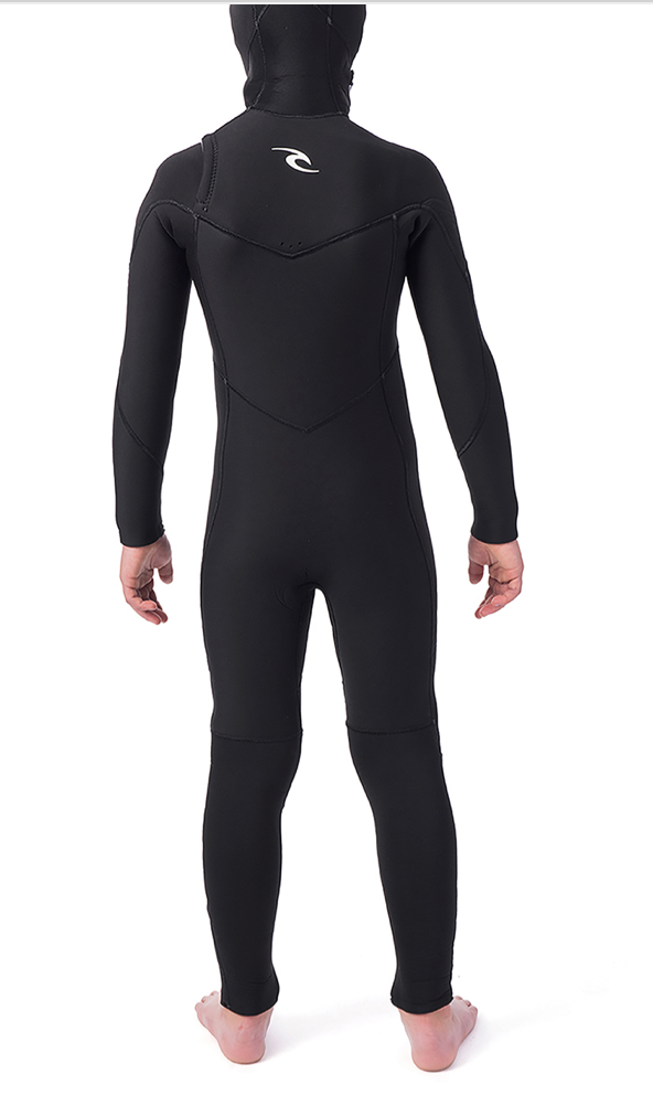 Back view of a model wearing a black wearing black Rip Curl Dawn Patrol kids hooded wetsuit