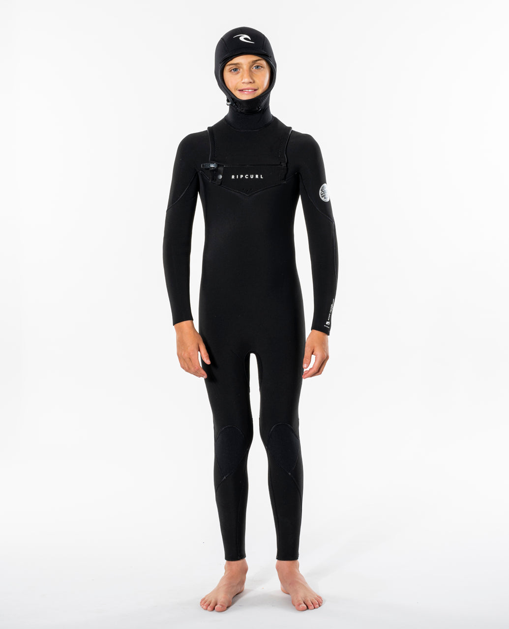 Rip Curl Dawn Patrol kids hooded full wetsuit. View of the front